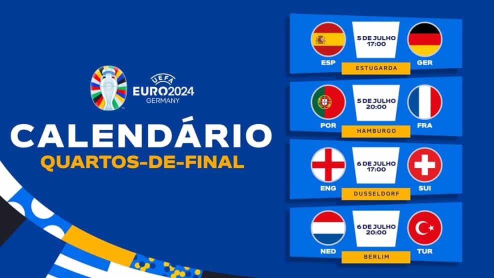 EURO 2024: Confira o calendário de todos os jogos dos quartos de final